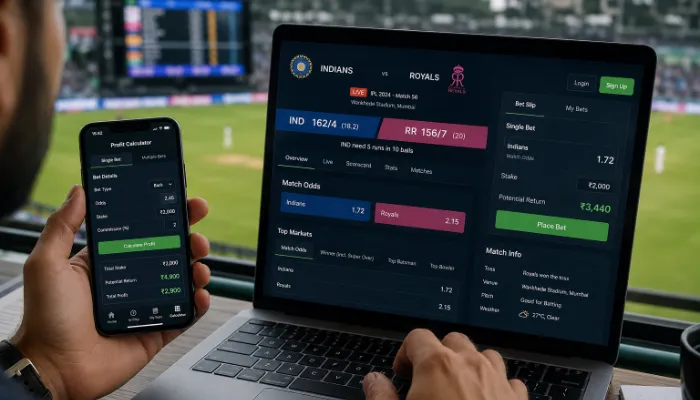 Person calculating cricket betting winnings on laptop and mobile with odds and profit analysis