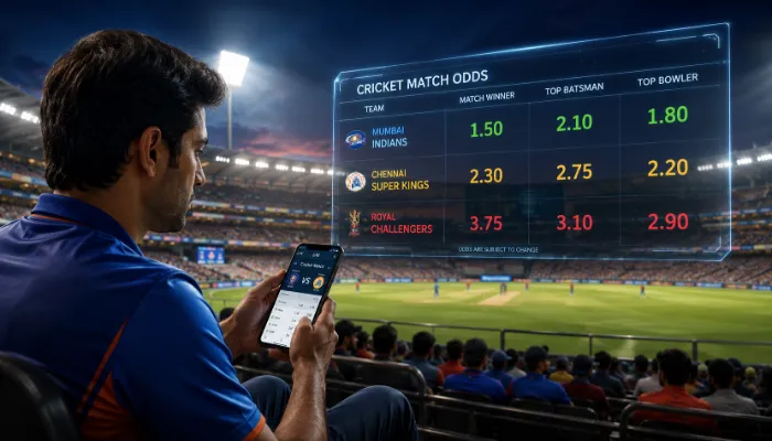 Cricket stadium showing betting odds with a fan analyzing odds on a mobile app