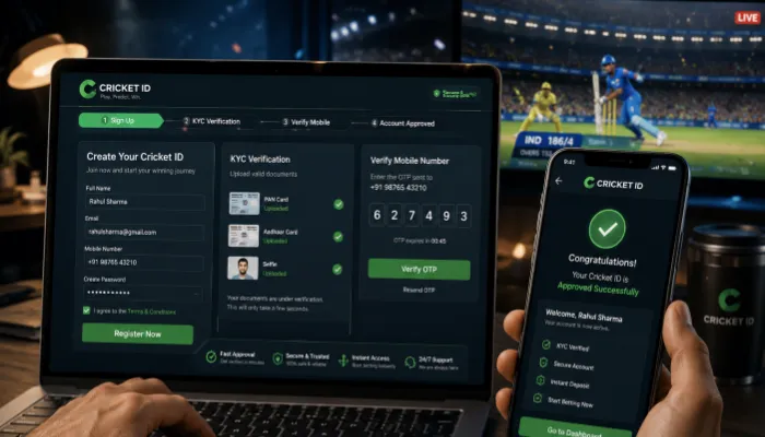 User registering cricket ID on laptop and phone with OTP and KYC screens.