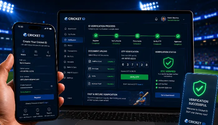 Cricket ID registration workflow showing signup, document upload, and verification steps on mobile and desktop