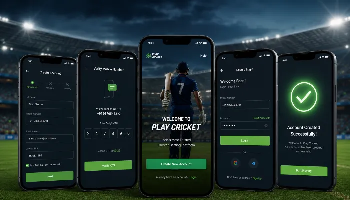 Cricket betting account setup screen on smartphone showing registration form and OTP verification