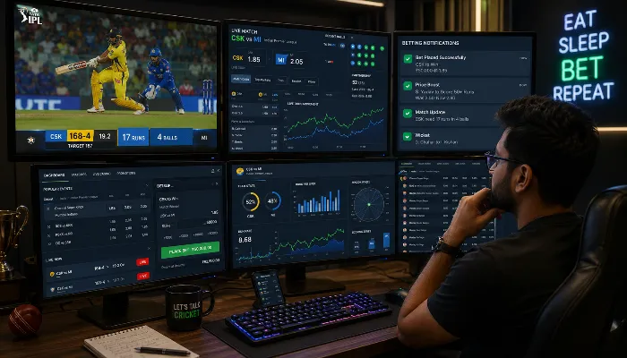 Professional cricket betting analytics setup with live match data and betting odds