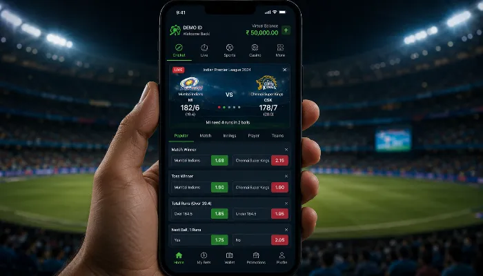 Demo cricket betting ID dashboard on smartphone showing virtual balance, live match odds, and betting interface