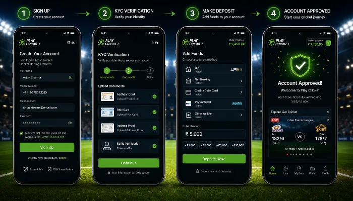 Step-by-step cricket betting account setup process with KYC verification and payment confirmation screens