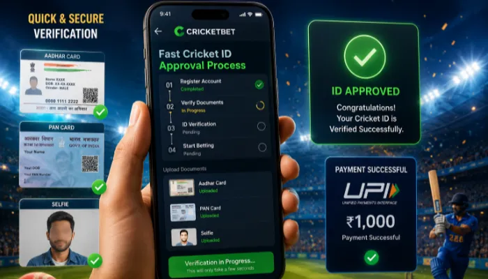 Smartphone showing fast cricket ID approval with UPI payment success and green checkmark.