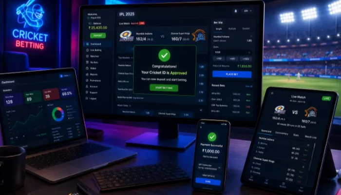 Multiple screens showing cricket betting dashboard, live scores, and analytics.