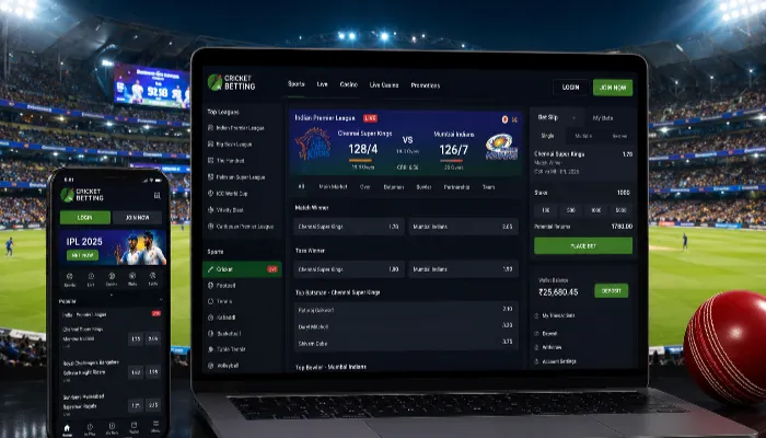 Online cricket betting dashboard with live match odds and cricket ID login system