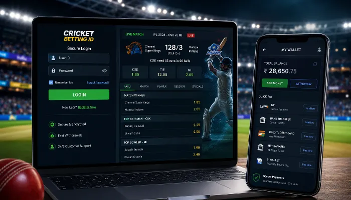 Secure cricket betting ID dashboard with live betting and digital payment options