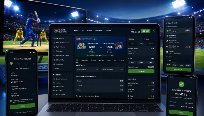 Secure online cricket ID registration and live betting platform interface