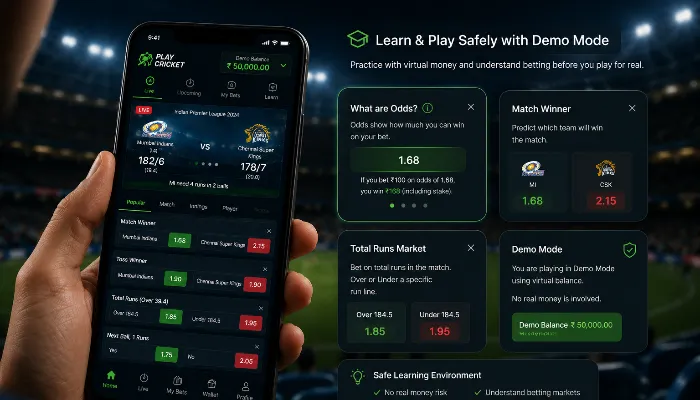 Beginner using demo cricket betting app with virtual currency and tutorial guide on smartphone screen