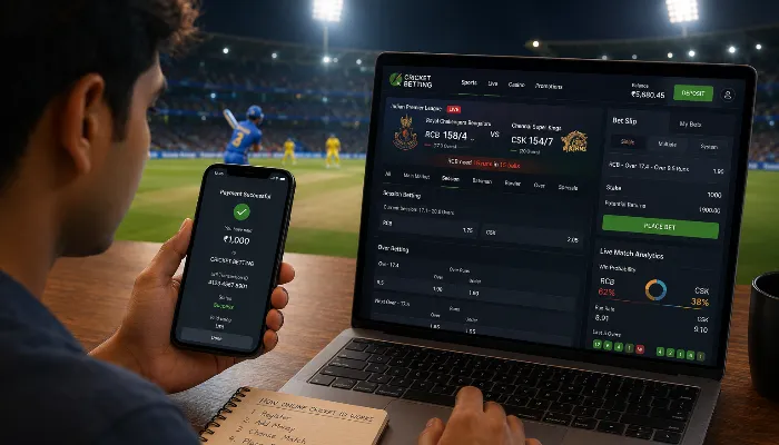 Beginner learning how online cricket ID works using mobile phone and laptop