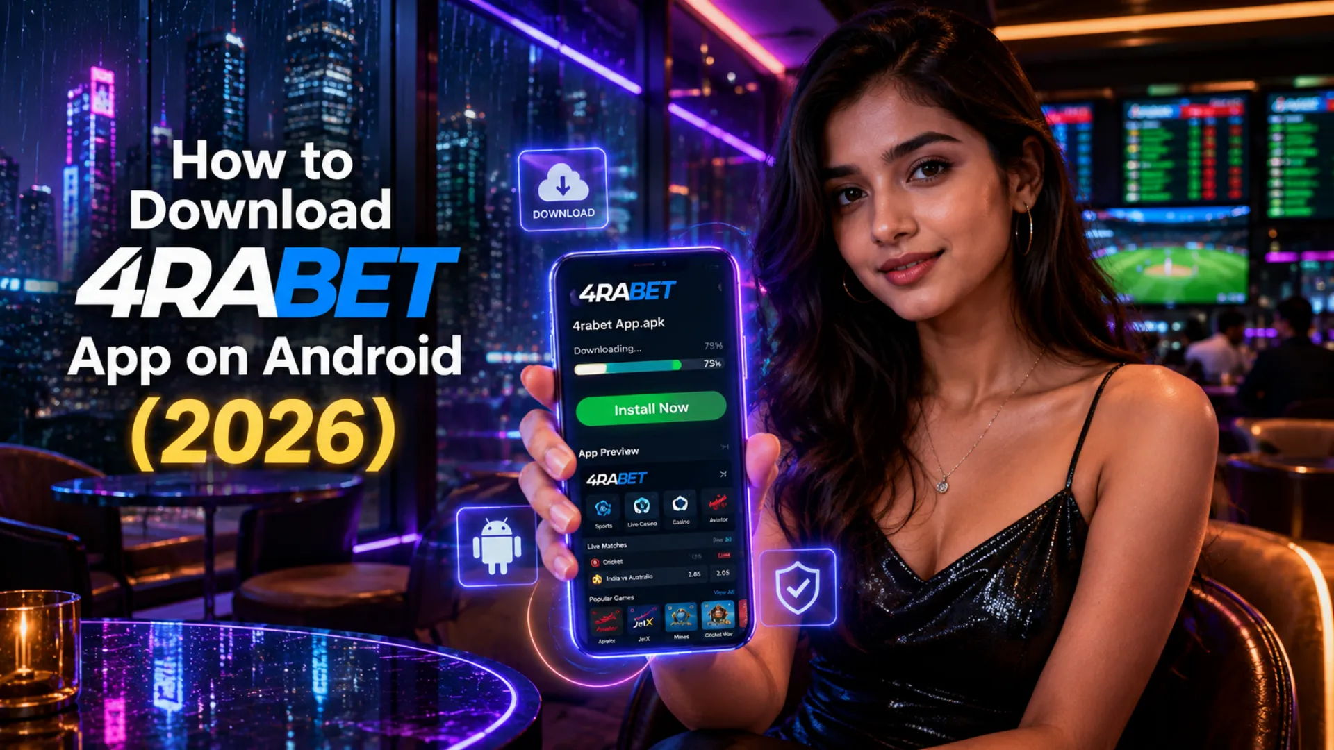 Young Indian man using 4rabet betting app on smartphone inside a luxury sportsbook lounge at night