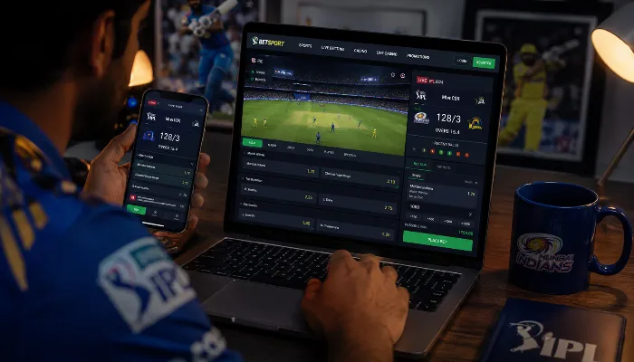 Person using smartphone and laptop for live online cricket betting during an IPL match