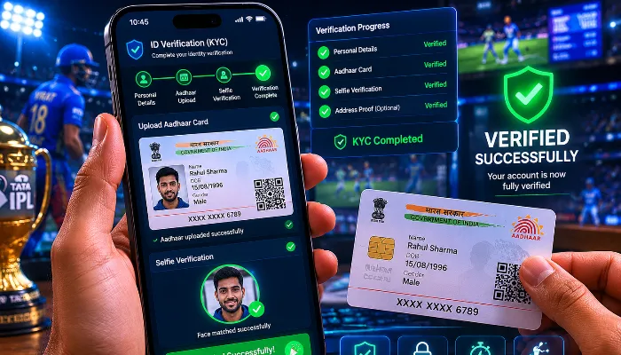 Cricket ID verification process on mobile showing document upload and KYC approval screen