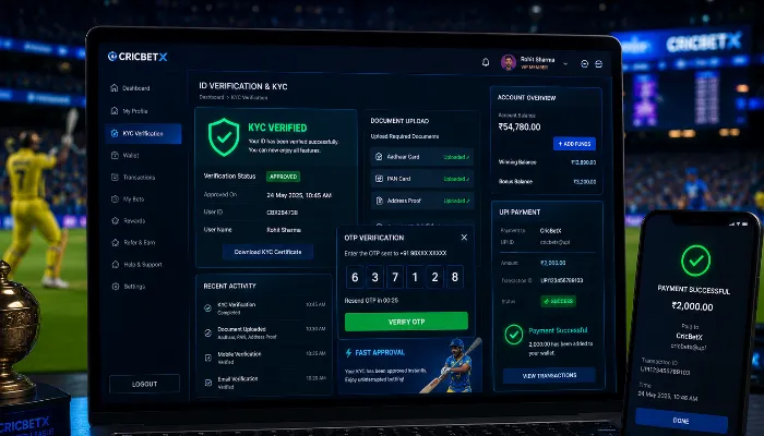 Cricket ID approval dashboard showing verified status, OTP confirmation, and document verification process