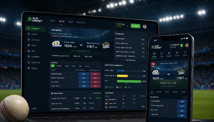 Cricket betting account dashboard showing live match scores, odds, and user balance