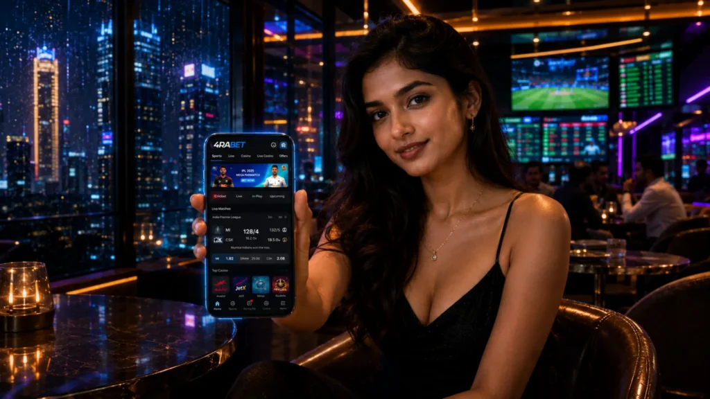 Top Features of the 4rabet Mobile Betting App Indian woman using 4rabet live cricket betting and casino app on smartphone