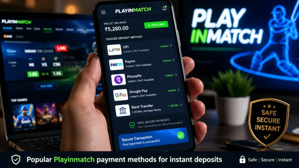 Playinmatch payment methods including Paytm PhonePe Google Pay and bank transfer
