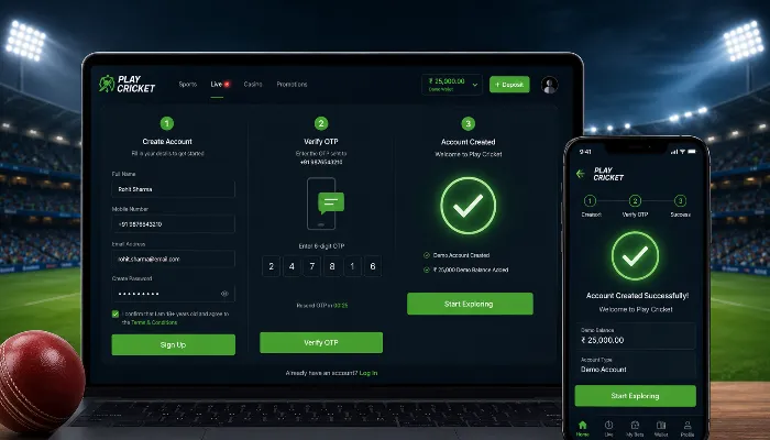 User registering demo cricket betting ID on mobile and laptop with OTP verification and signup form