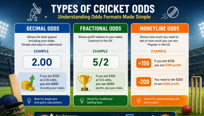 Infographic showing decimal, fractional, and moneyline cricket betting odds with examples
