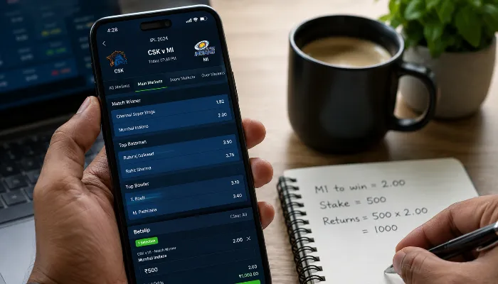 Mobile phone showing cricket betting odds and payout calculations on betting app