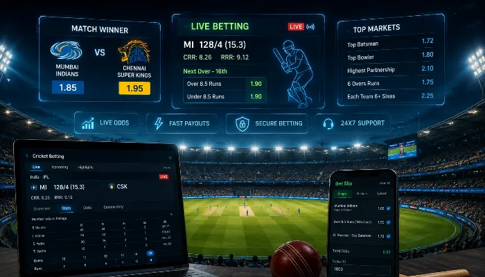 Cricket stadium with digital screens showing betting odds, match winner, and live betting on laptop and mobile