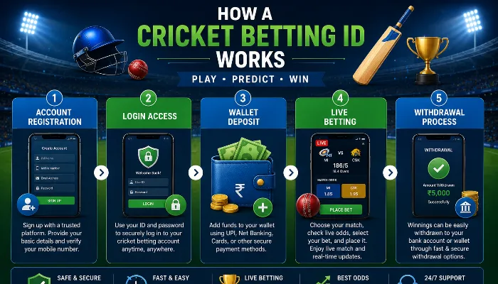 Infographic explaining the cricket betting ID registration and betting process