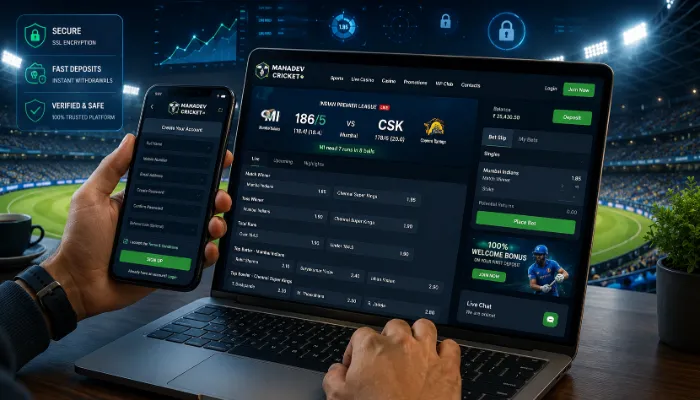 User registering for a Mahadev Cricket ID on mobile and laptop with live cricket dashboard