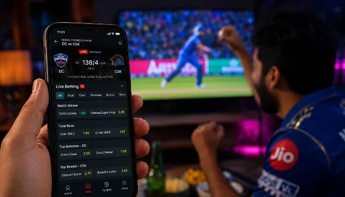 Indian cricket fan placing a live cricket bet on smartphone during T20 match