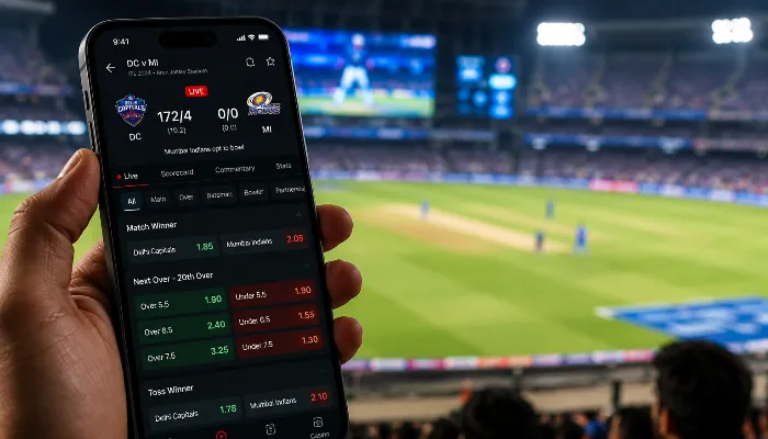 Mobile interface showing changing IPL live betting odds and match markets