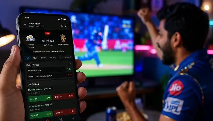 Smartphone showing live cricket betting dashboard with IPL odds and score updates