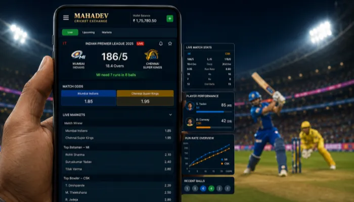 Live cricket betting dashboard with match odds and IPL statistics on mobile screen