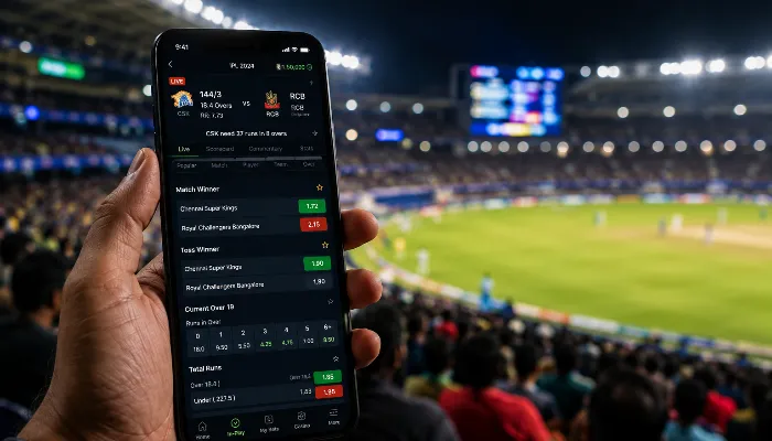 Live cricket betting interface with real-time odds updates during match