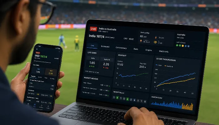 Person analyzing live cricket betting odds on laptop and mobile with real-time match statistics and graphs