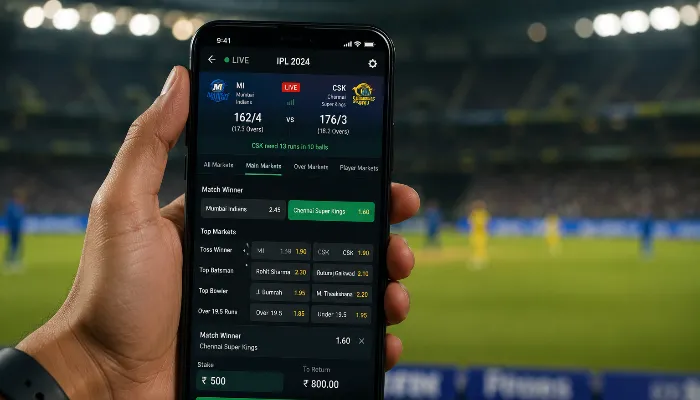 Smartphone displaying live cricket betting odds and match winner market during IPL game