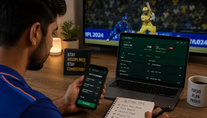 Young Indian cricket fan using a live IPL betting app on smartphone while watching cricket match