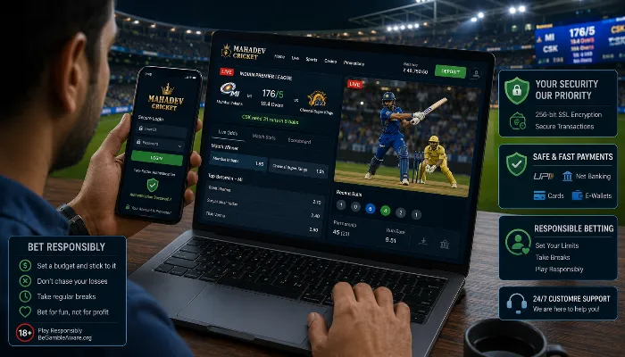 Person using a secure online cricket betting platform on mobile and laptop