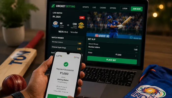 User making secure UPI payment for online cricket betting on mobile app