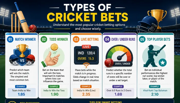 Infographic showing different types of cricket bets including match winner, toss winner, live betting, and over under runs