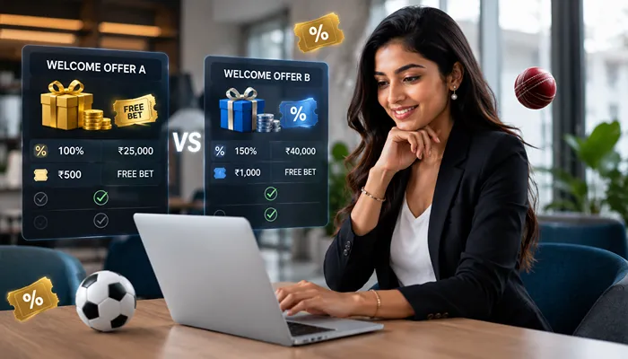 Parimatch Welcome Bonus Comparison Indian woman comparing sportsbook welcome bonuses, free bet offers, and betting promotions on a laptop.
